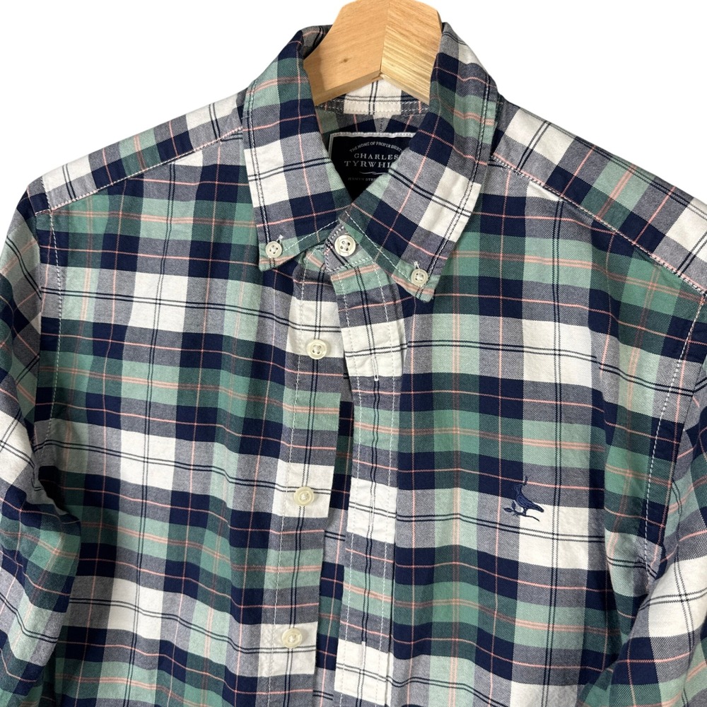 Charles Tyrwhitt Slim Fit Plaid Button Down Shirt Green Navy Blue Mens Small